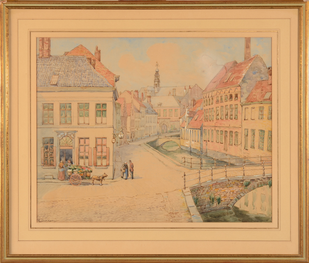 Gustave Dierkens — the watercolour in its frame, with slightly damaged upper corners