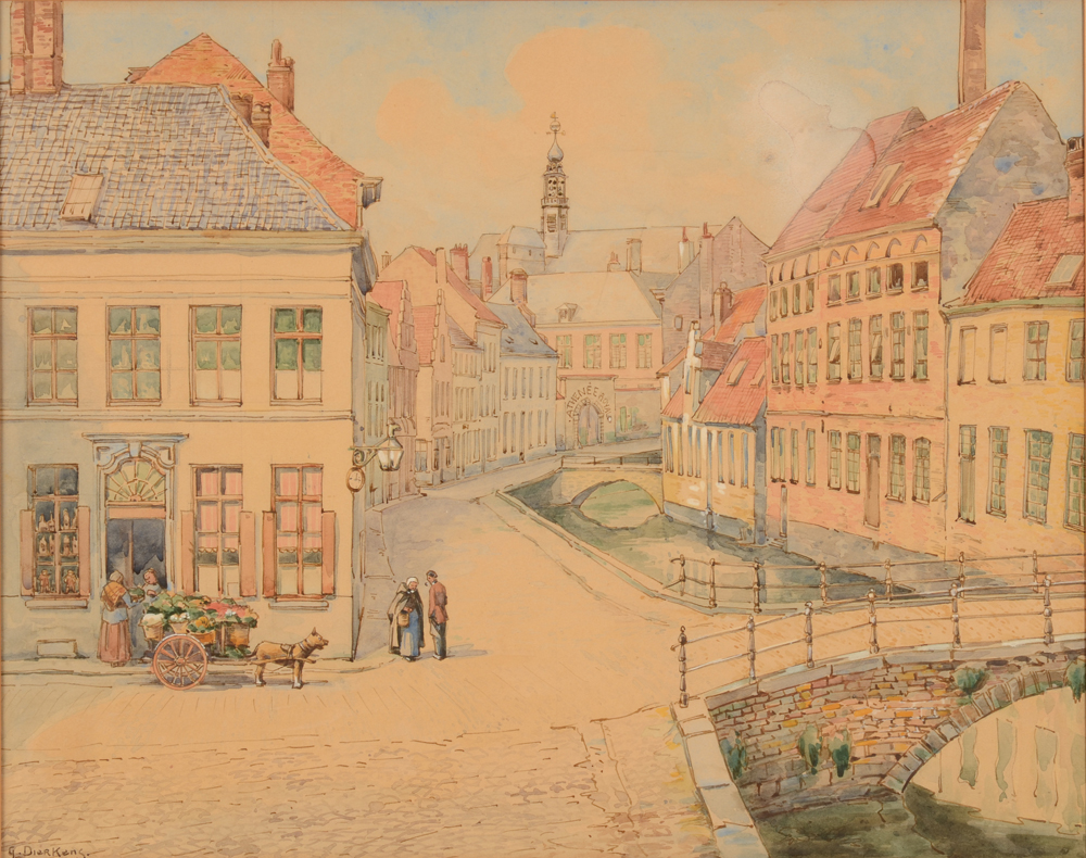 Gustave Dierkens — La rue Ottogracht à Gand, aquarelle sur papier, signée