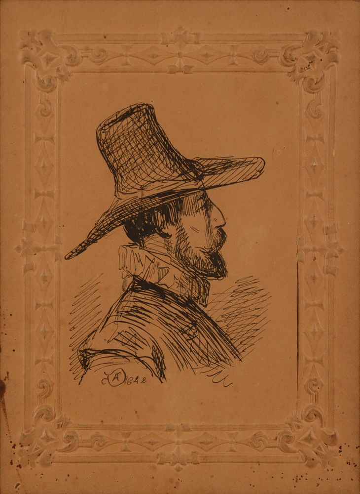 Adolphe Dillens Profile of man with hat — profile d'homme en tenue 17ème en encre