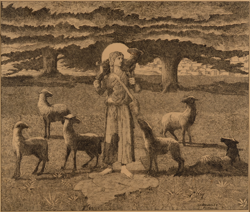 Charles Doudelet — De goede herder, tekening in Chinese inkt op papier