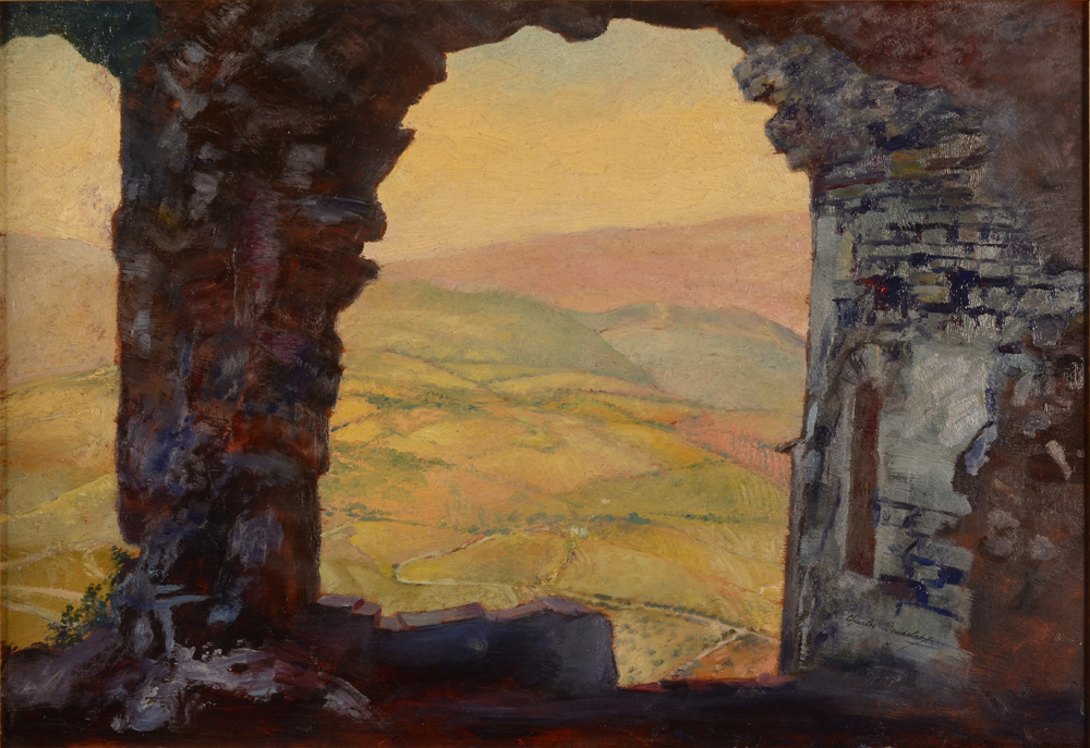 Charles Doudelet  — vue de paysage italienne, huile sur panneau, signée