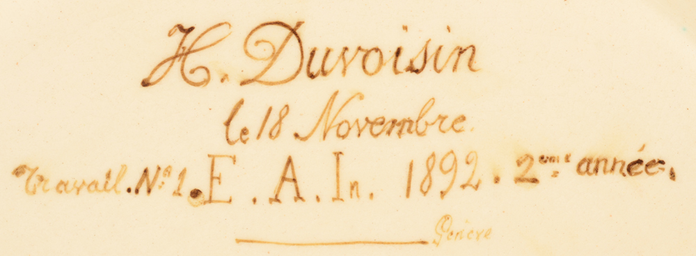 Duvoisin Henri art nouveau dish — signature of the artist, annotionons, date 1892 and localisation Geneve
