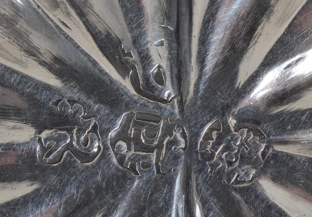 18th century silver and wood punch ladle, Bruges, 1776 — Detail of the marks on the bottom