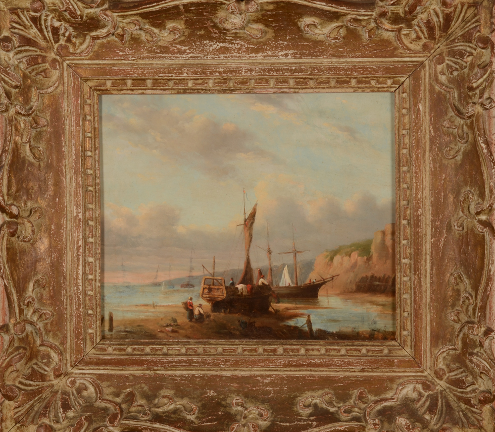 Unknown artist — Bateaux sur la plage, huile sur panneau d'acajou, France, seconde moitié du 19e?, signature non déchifrée