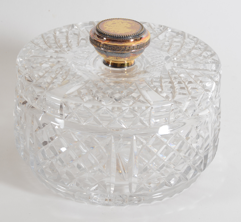 Wolfers Frères SA, a large sterling gilt and cut crystal circular biscuit jar, 1960's — View from above