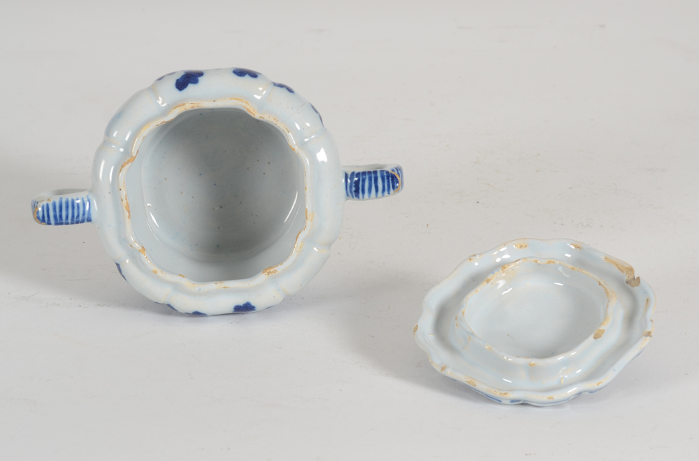 small lobed Delft lidded pot — interior of the dish and reverse of the lid