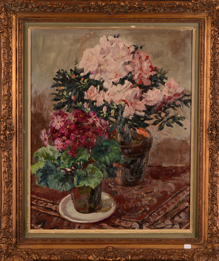 Victor Fermeuse — Un pendant de deux tableaux, nature morte aux fleurs, huile sur toile.