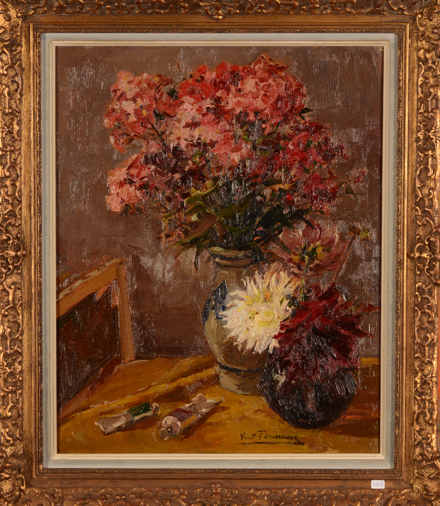Victor Fermeuse — A flower stil life in the workshop of the artist.