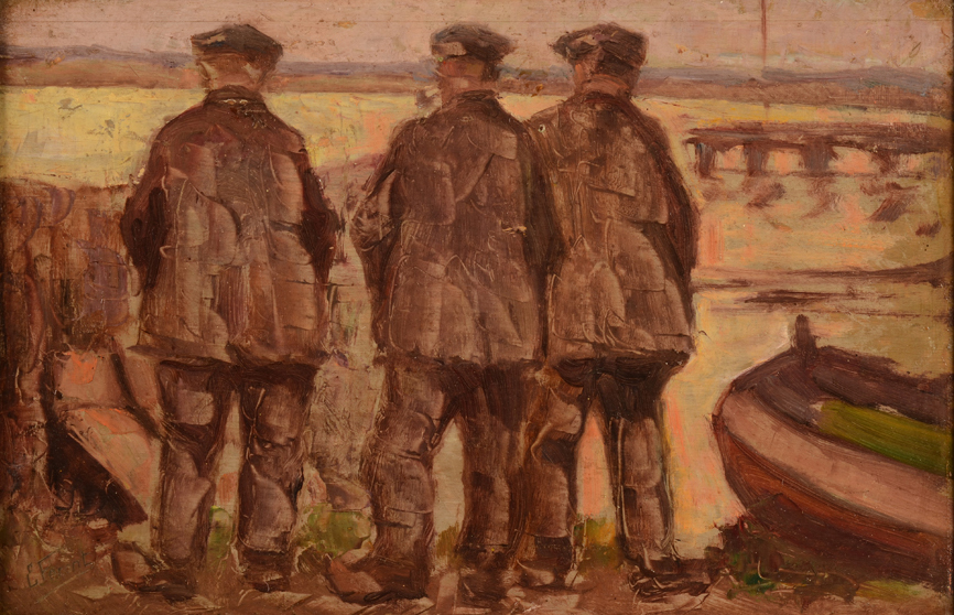 Emile Feront The Watchers — Oil on board, men on the loukout near Antwerp Port