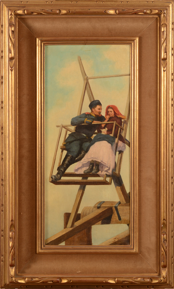 Illegible signature — Un couple sur un grand roue en bois, huile sur toile signée