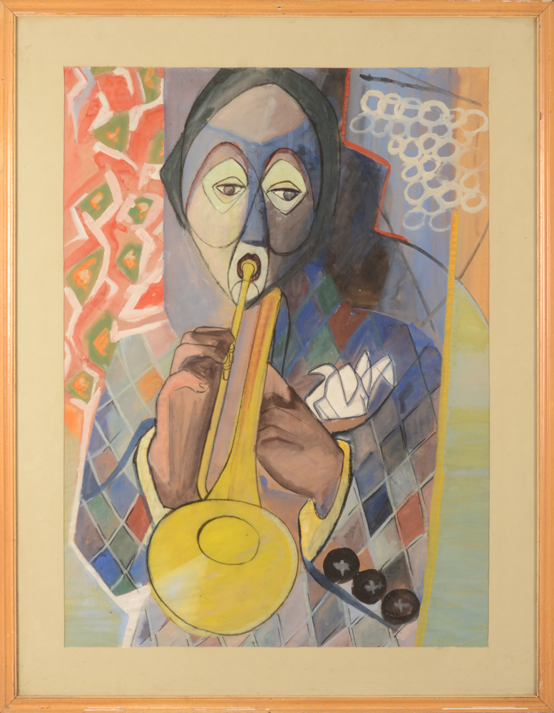 Richard Foncke — Pierrot met trompet, gouache op papier, zeldzaam vroeg werk in de stijl van zijn leermeerster Jos Verdegem