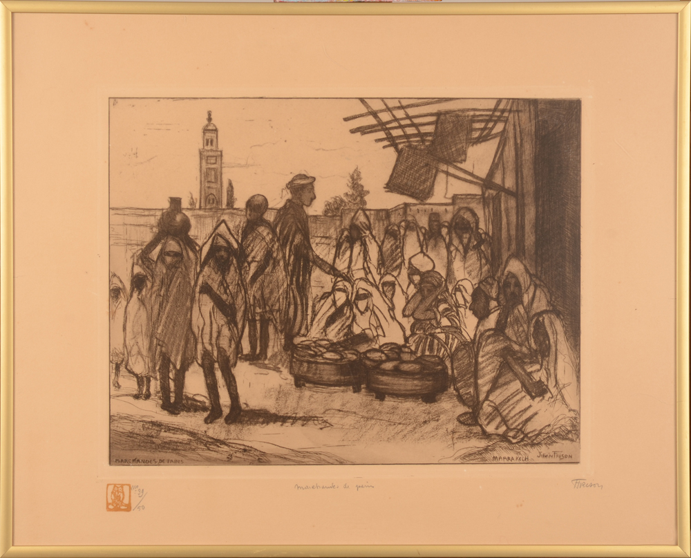 Jehan Frison — Eau-forte, les marchandes de pain à Marrakesh, singée et justifiée (cadre provisoire)