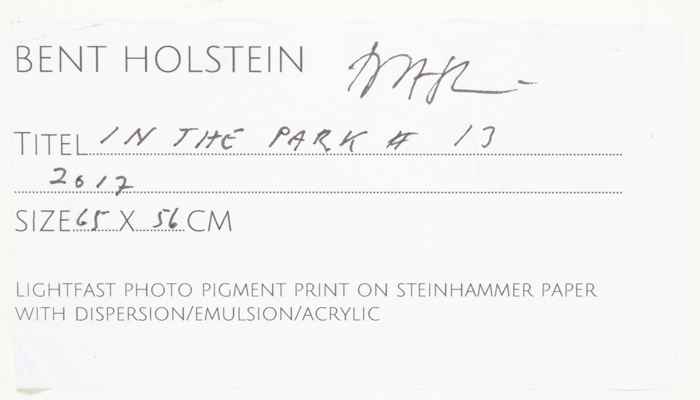 Bent Holstein, In the Park #13, a mixed media work from 2017 — Original label at the back of the work