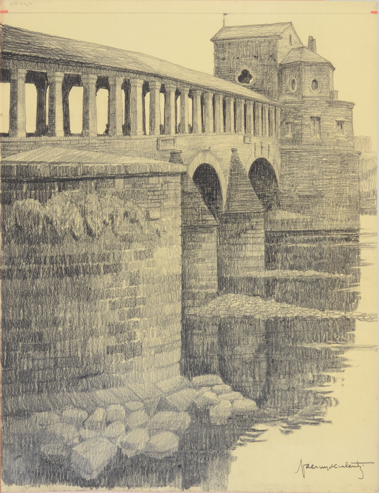 Valentin Vaerwyck Ponte Coperto Pavia — Dessin du Pont couvert à Pavia par Vaerwyck en fusain, signée par l'artiste, ca. 1920-30.&nbsp;
