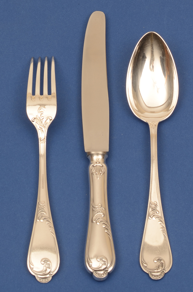 Auerhahn silver cutlery set — Large fork (showing back side), knife and spoon, all for twelve settings