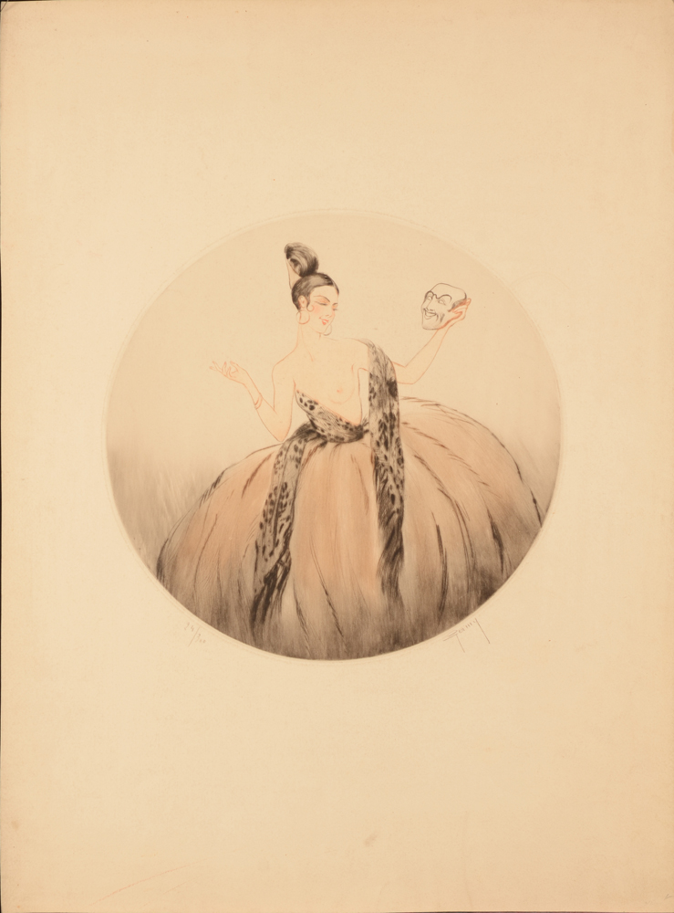 Pierre Rene Germinet — Femme tenant un masque japonais, eau-forte en couleurs signe et justifie<br>