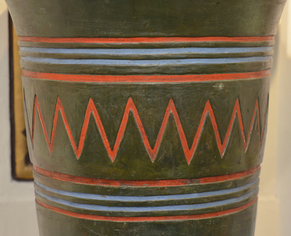 Monumental bronze uplighter — Detail of the painted in decoration on the side