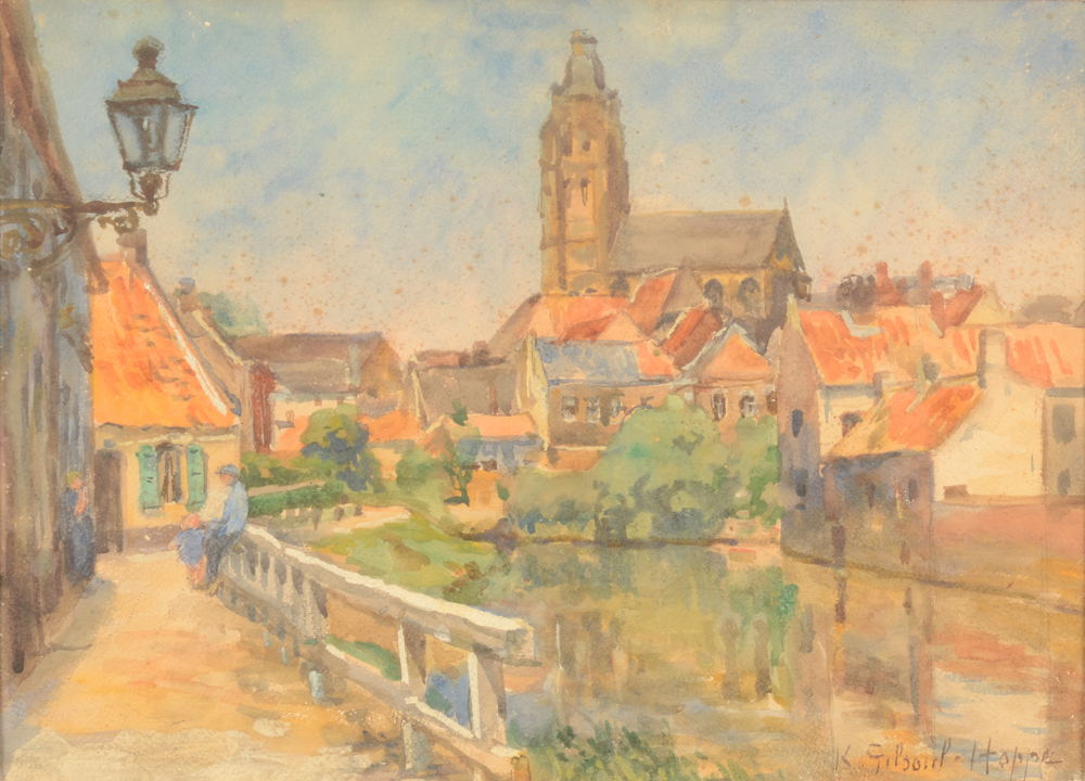 Ketty Gilsoul-Hoppe — vue d'Oudenaarde, aquarelle signée