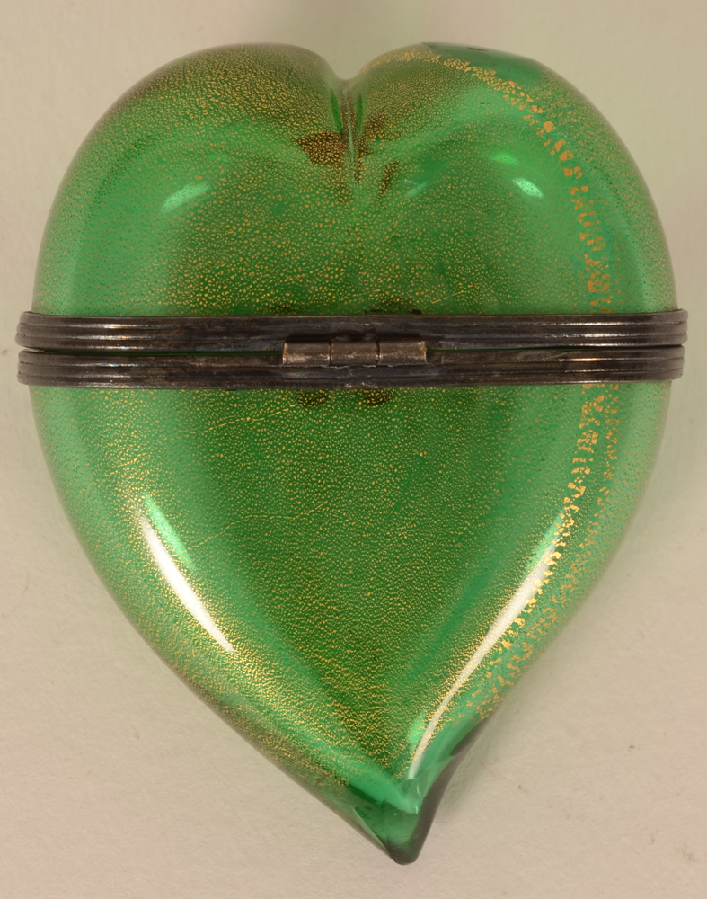 A glass heart shaped box — In good condition, some chiselling visible at the  exterior lower part of the heart 