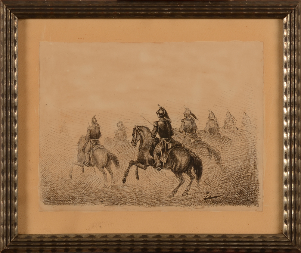 Jean Julien Godenne — La cavalerie, encre de chine sur papier, signé