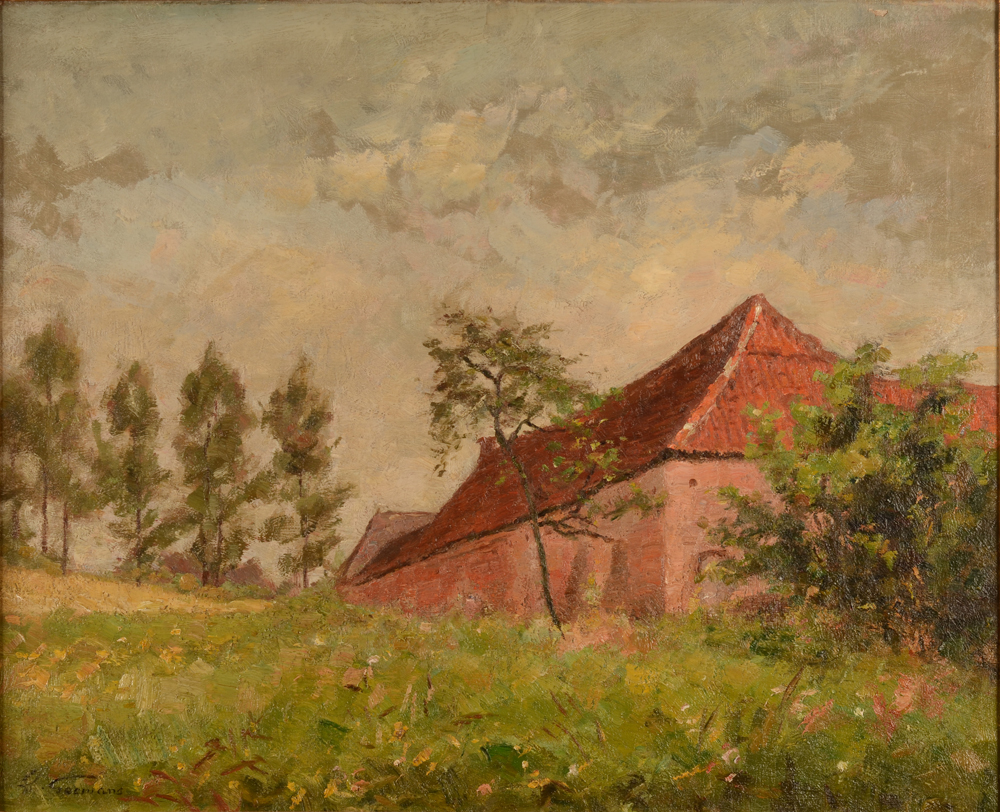 Gustave Goemans — La Ferme rose à Uccle, huile sur toile, signée. Le batiment existe toujours Av. De Fré