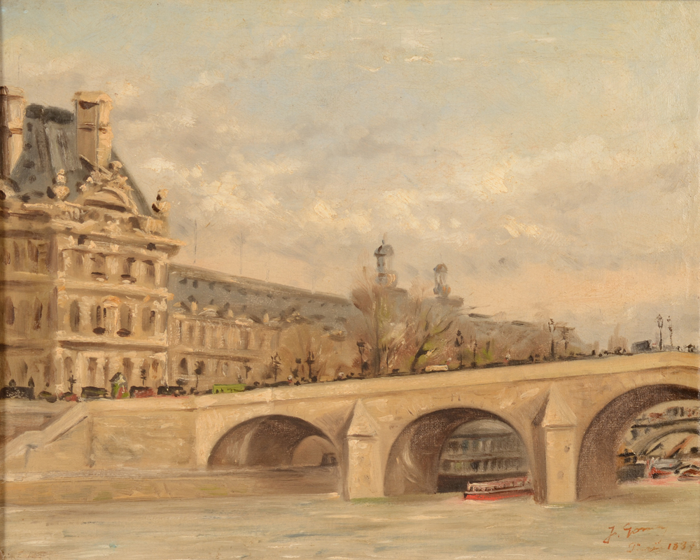 Jules Gondry — Très rare vu de Paris, sur le pont Royal et le Louvre en 1887, de cet artiste sous-estimé.