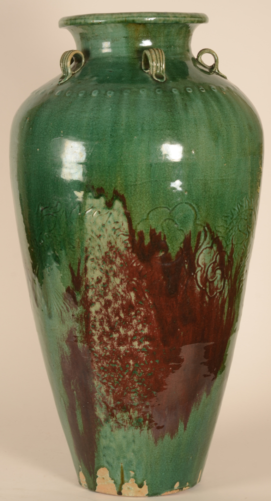 A green glazed large martavan — The side on one place with the glaze turned sang-de-boeuf colour