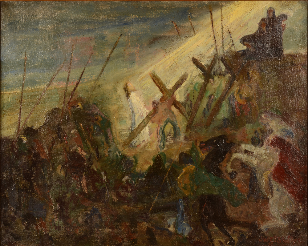 Jan Willem Grinwis Plaat Stultjes — Le Christ sur le Golgotha, huile sur toile signée et datée 1921