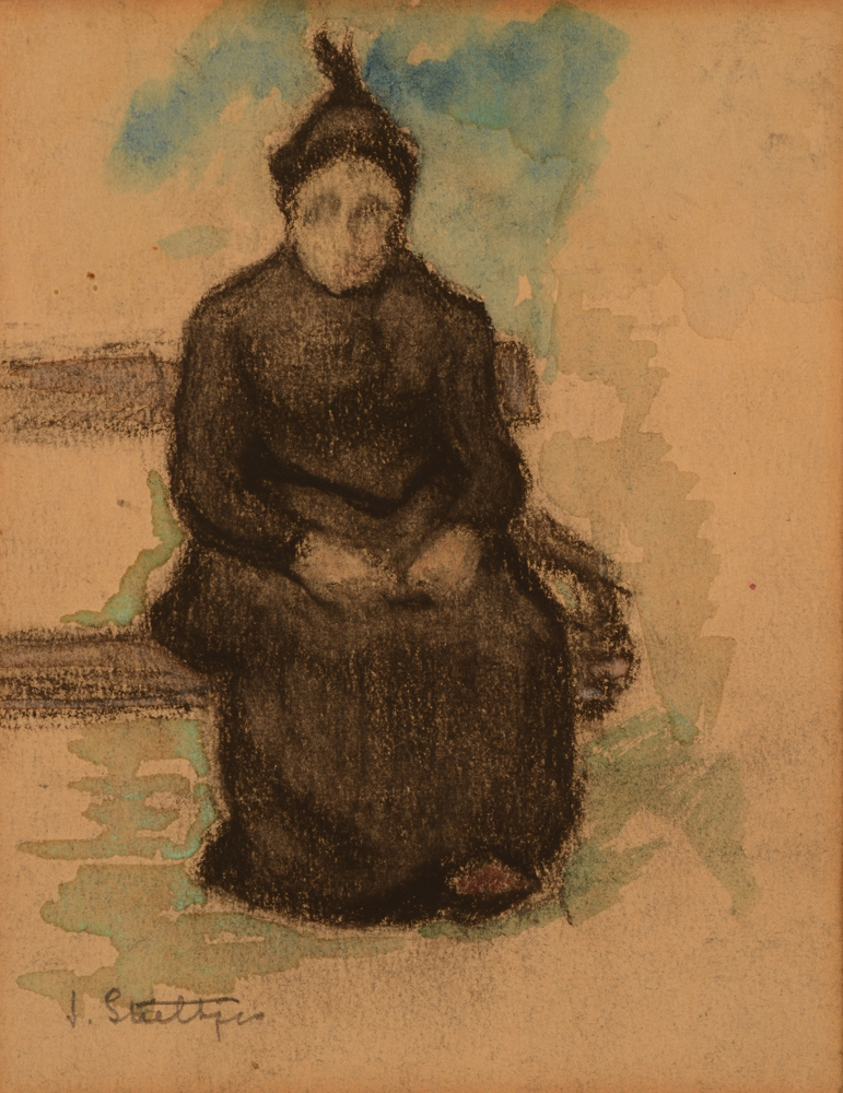 Jan Willem Grinwis Plaat Stultjes — Le Banc, ou femme assise, aquarelle et crayon sur papier, signée