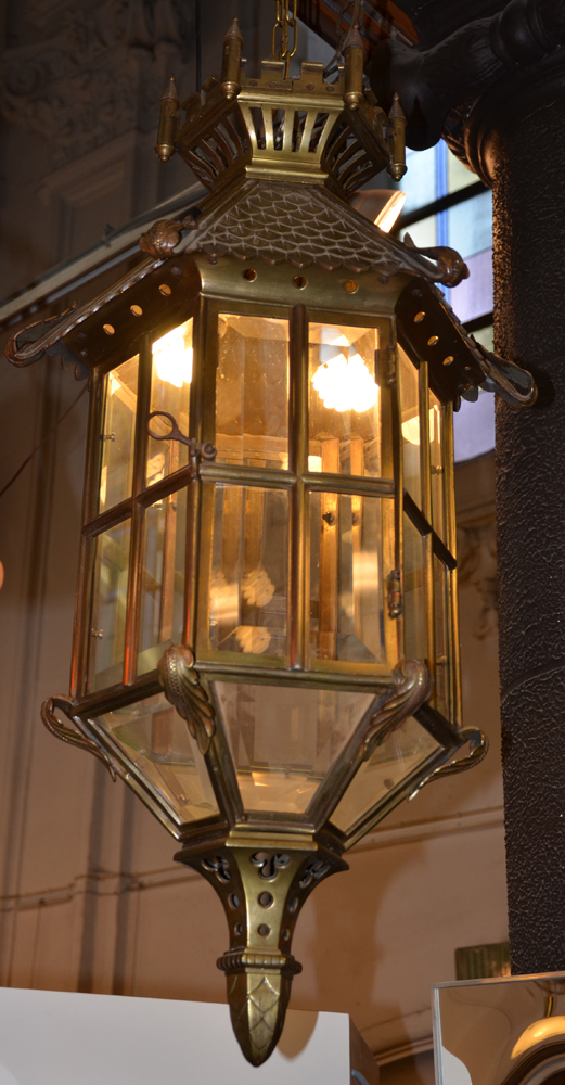 An impressive bronze hall lantern ca. 1920 — Side view with the door to open the lantern visible