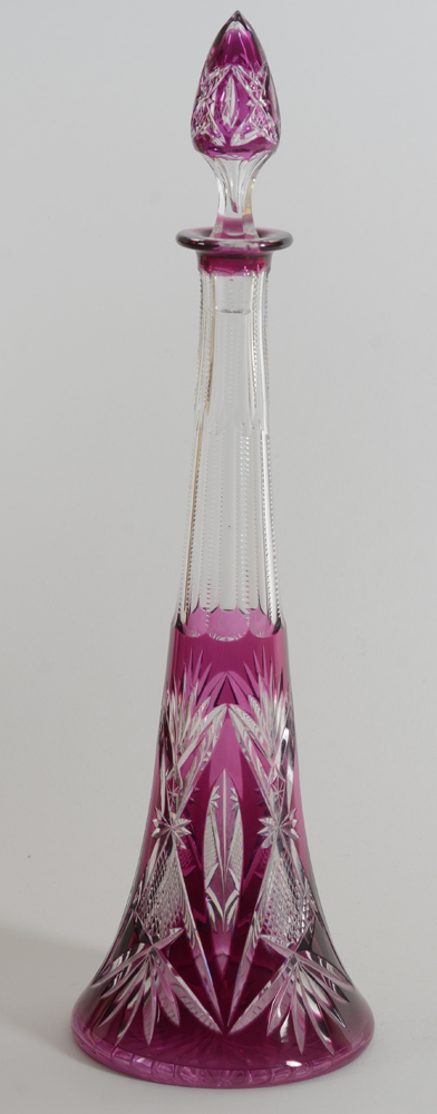 Val Saint-Lambert, a double overlay purple and clear cut crystal decanter — Alternate view