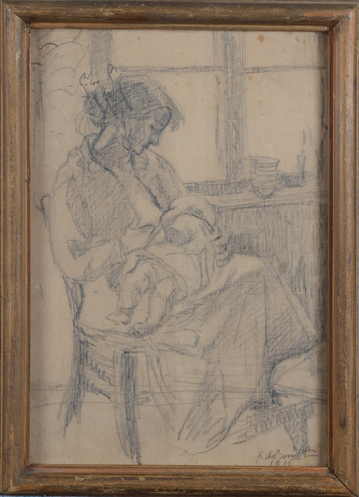 Karel De Bondt, mother and child, an early drawing from 1916 — The drawing in its original frame