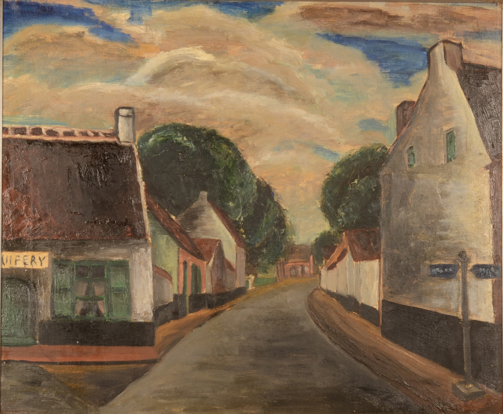 Irene Hamerlinck Expressionist Village — Huile sur toile expressioniste