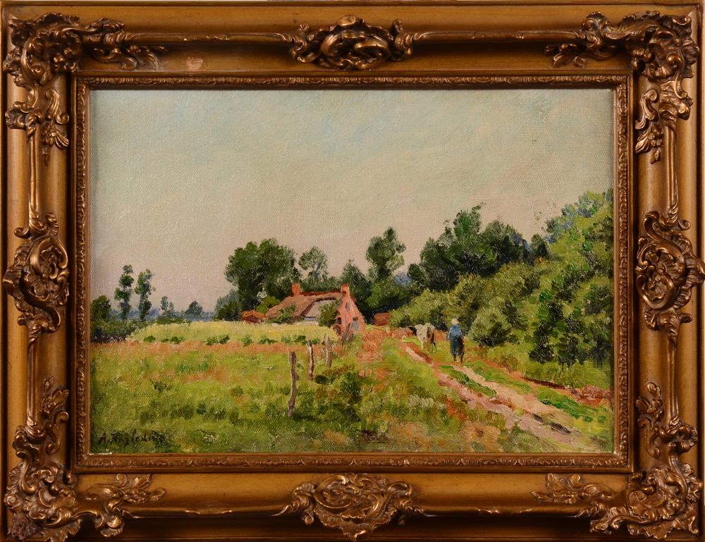 ?Alfred Hazledine — Paysage en ete, huile sur toile avec cadre d'origine.