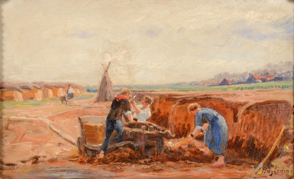 Alfred Hazledine — Femmes et un jeune homme travaillant sur un champ de briques, huile sur toile signée
