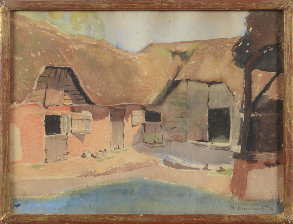 Maurice Pauwaert a rural construction (England?) — Aquarelle sur papier de 1934. Signée et datée par l'artiste. Encadrée.&nbsp;