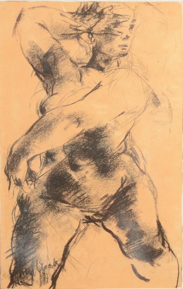 Hubert Heylbroeck posing nude — fusain sur papier