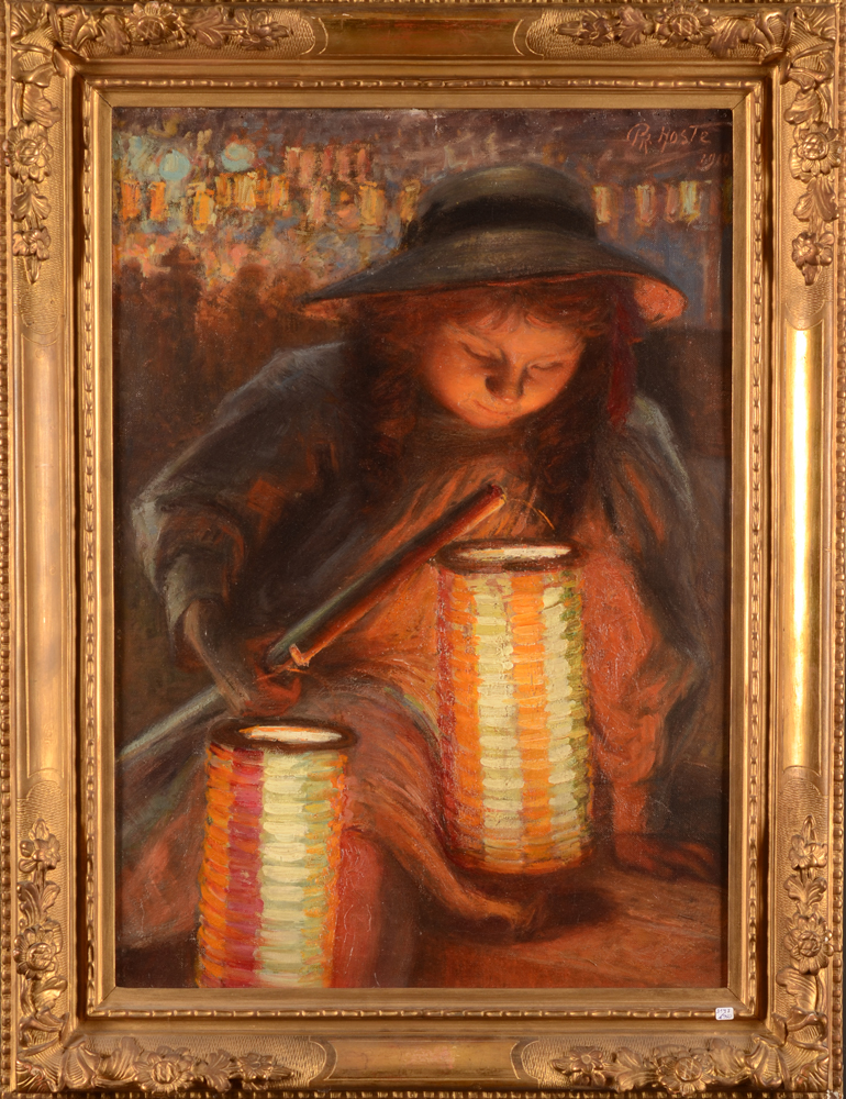 Constant Prosper Hoste — Une jeune fille allumant des lampions, 1911, huile sur toile.