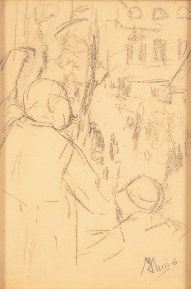 Modest Huys — Deux personnes regardant la ville d'une fenêtre, dessin signé