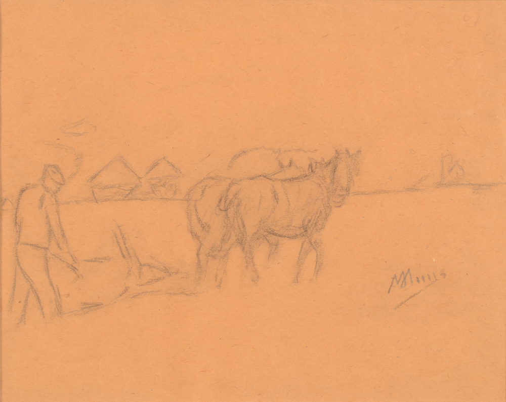 Modest Huys — Un fermier labourant la terre, dessin sur papier, signé