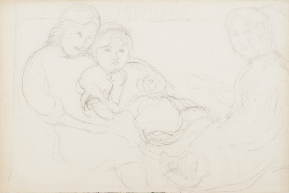 Jean Van den Eeckhoudt — Dessin original d'une mère et enfant et une femme, non signé, ca 1908-1910