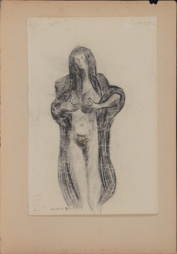 Arie Van Der Giessen Untitled  — Dessin expressionniste d'une femme debout, probablement étude pour 'débâcle'. Signé par l'artiste.