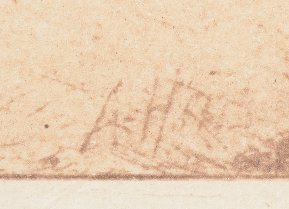Armand Heins 'Le Gouter' signature — Signature of the artist on the etching. Underneath the table A. Heins is signed.