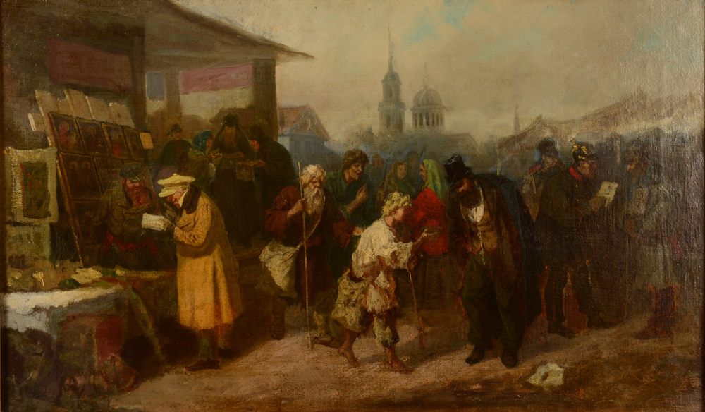 Unknown Russian artist — Le marché des Icones, huile sur toile monogrammé, Russie (?)