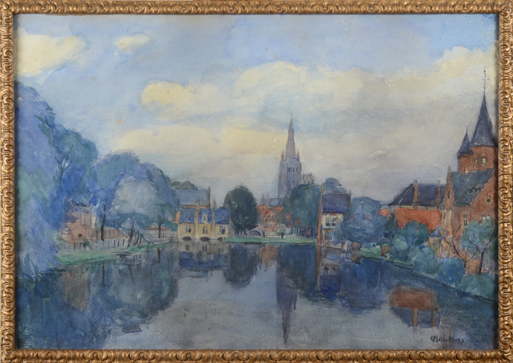 Leo Mechelaere — Aquarelle signée, du Lac d'Amour à Bruges, oeuvre tôt dans sa carrière, légèrement symboliste