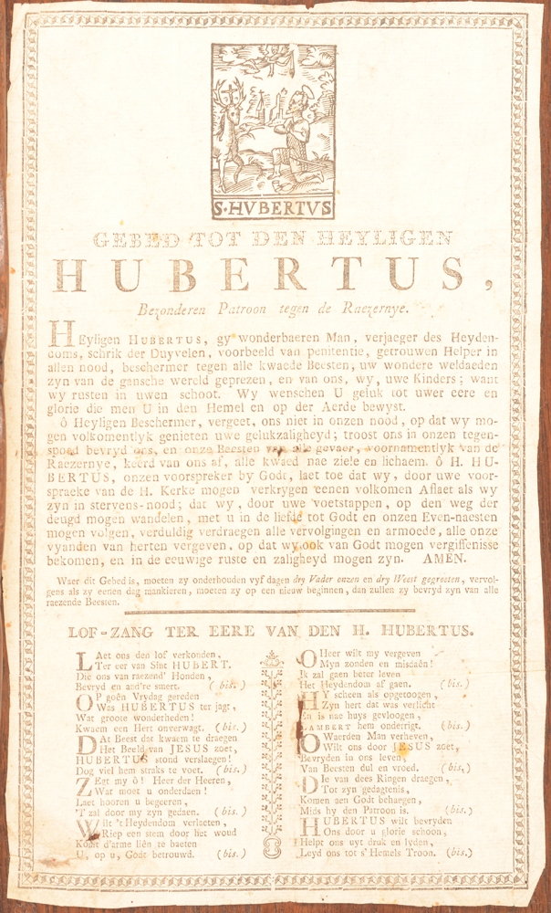 Imprint Saint Hubertus — <p>Gebed en lofzang tot de Heilige Hubertus, ca. 1800 (?), efemeer drukwerk</p>