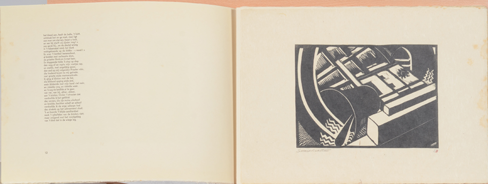 Gerard Baksteen Tien houtsneden naar de berechtinge van Guido Gezelle, example — Second woodcut from the series, numbered 2B, signed by the artist. Visible is the woodcut on the right and the text of Guido Gezelle on the left page.
