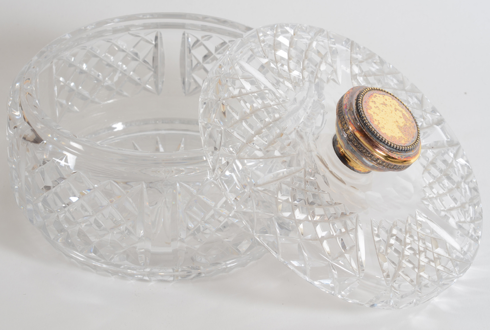 Wolfers Frères SA, a large sterling gilt and cut crystal circular biscuit jar, 1960's — the box open