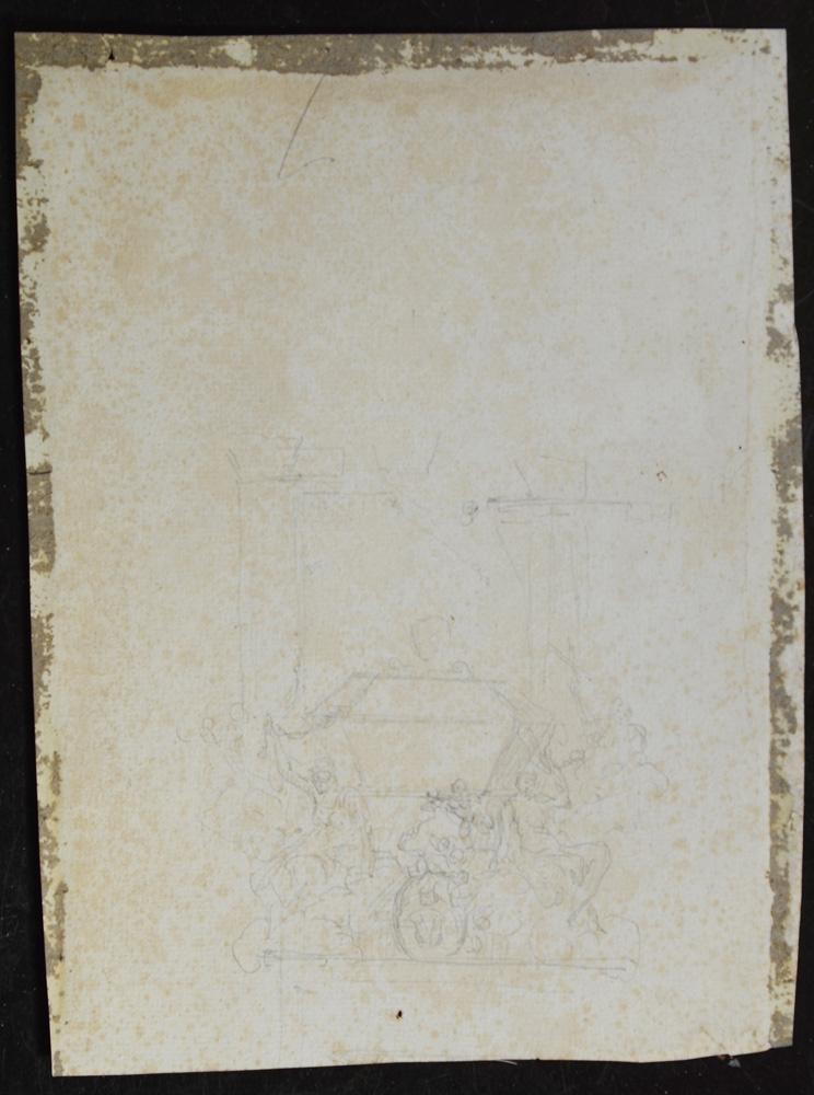 Ink and washed ink drawing of a mythological scene in classical style — tha back of the drawing with a design for an allegorical tomb