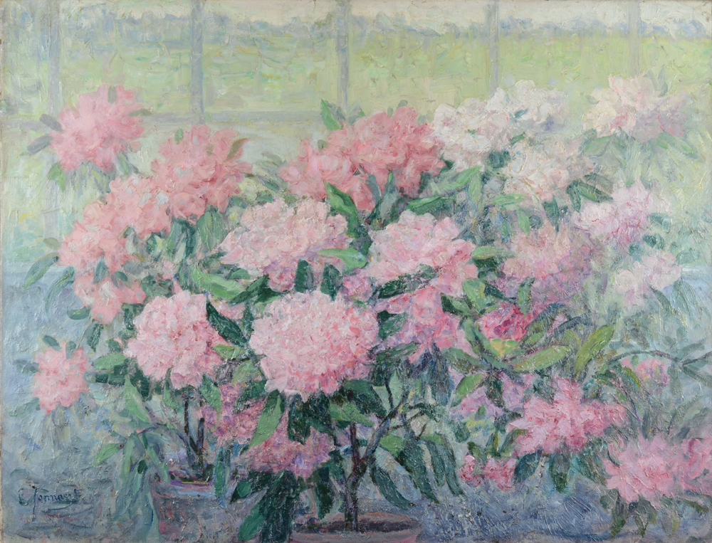 Clémence or Clementine Jonnaert — Rhododendrons dans l'atelier, huile sur toile signée